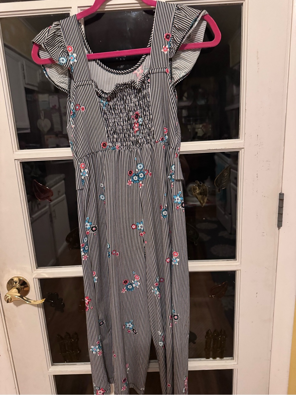 wonder nation Black & White Striped Dress with Pink and Blue Floral Accents